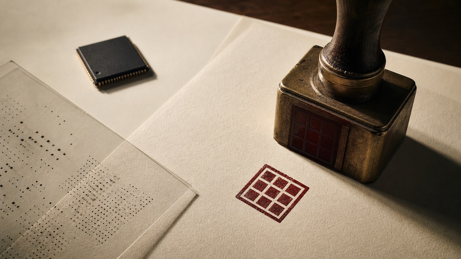 A symbolic AI chip, disclosure stamp and machine-readable dot pattern