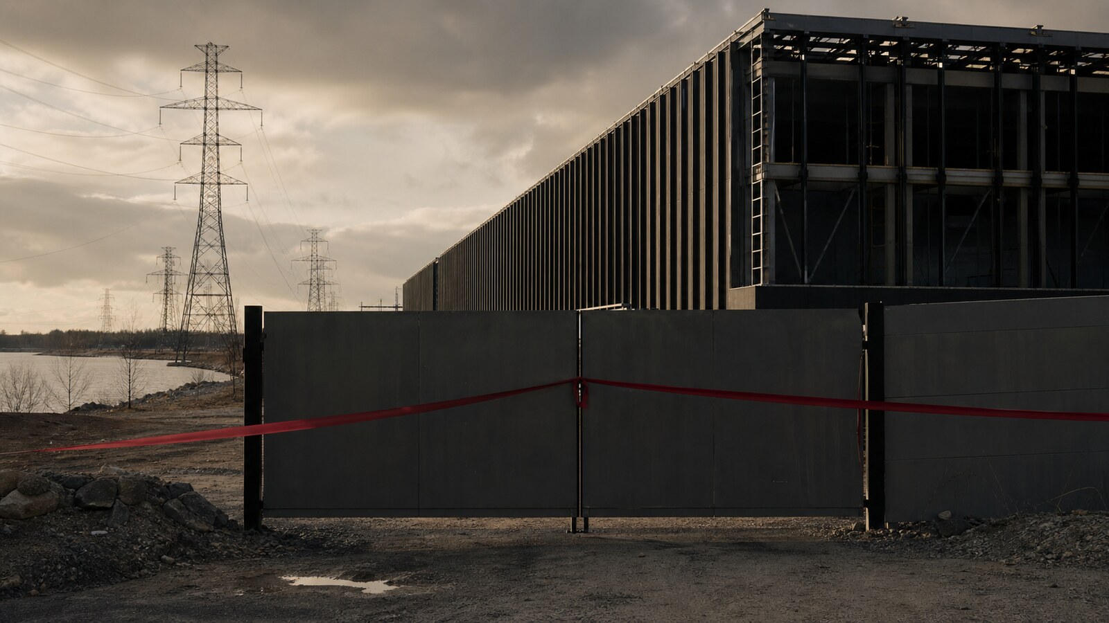 A closed construction gate before an unfinished data centre beside power lines and water