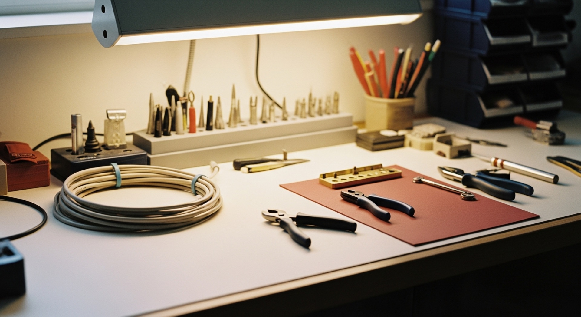 A before-and-after split of a tradesperson's website — left side dated and cluttered, right side clean and conversion-focused — editorial flat lay on a workbench