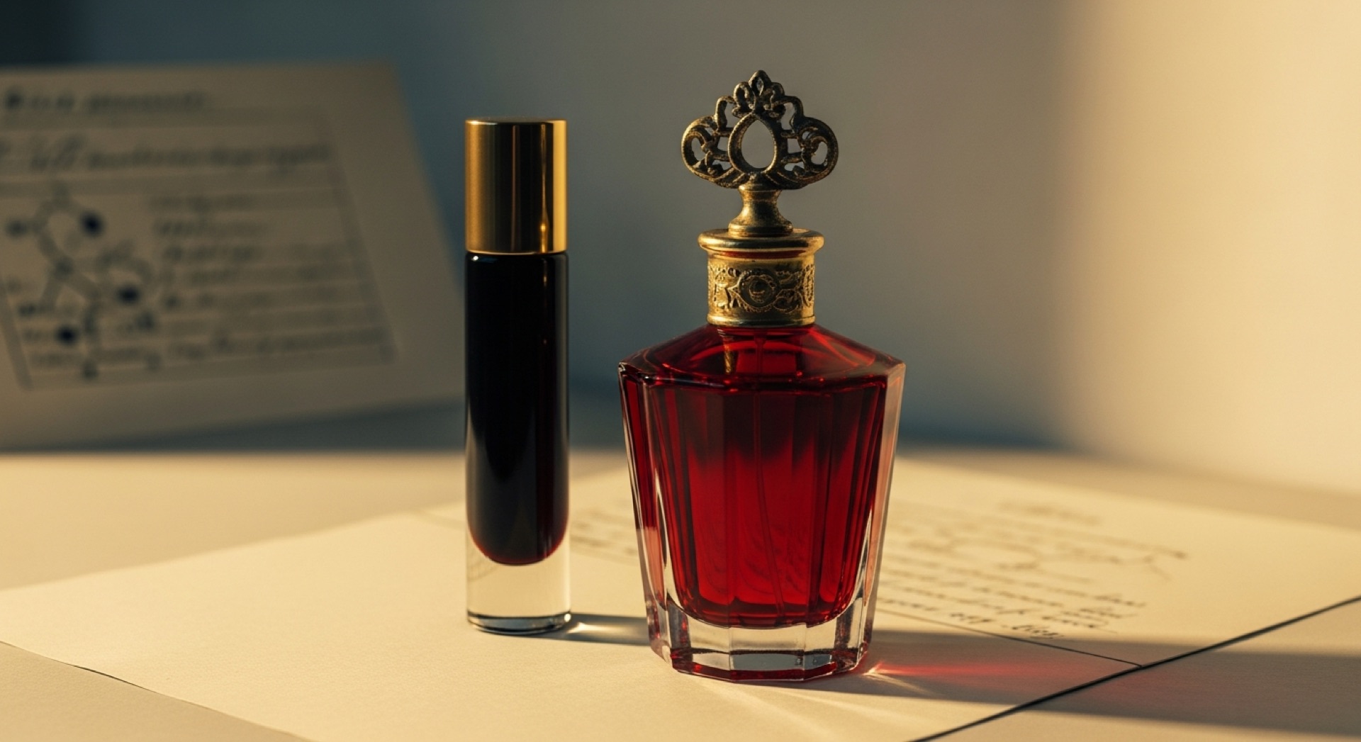 A classic fragrance bottle stripped down beside its reformulated counterpart, rendered in cool editorial tones to evoke loss of warmth and complexity