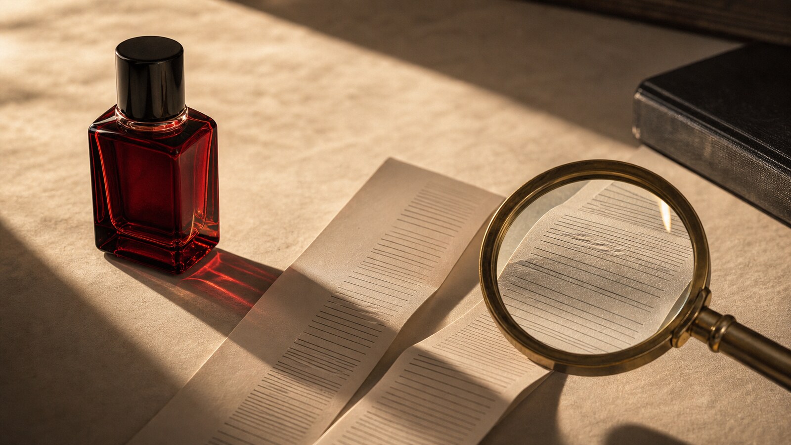 A red perfume bottle beside an abstract ingredient label and brass magnifier